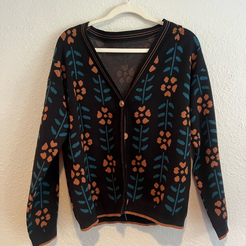Elegant Floral Black and Orange Cardigan